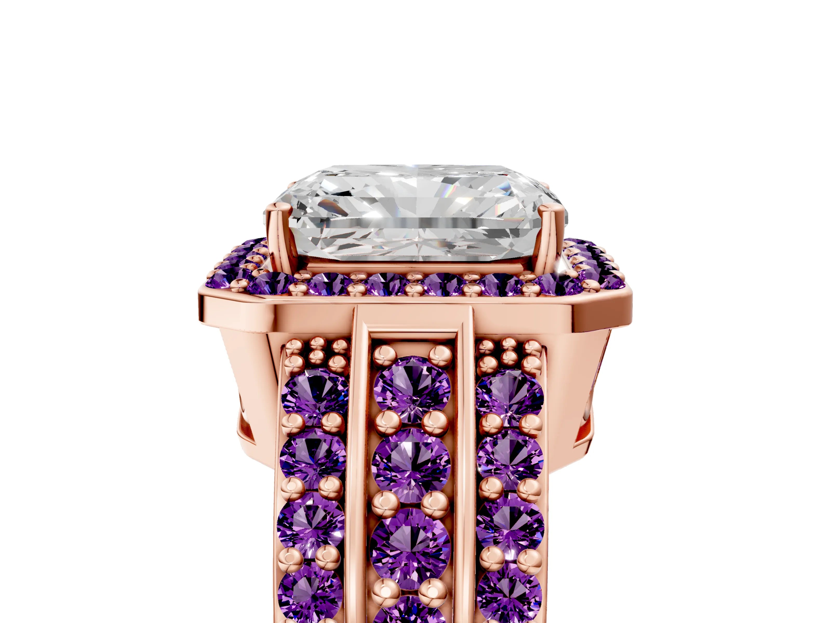 Rose gold Radiant Cut Halo Diamond Ring with Round with Amethyst side stone Split Shank and Prong Setting_5