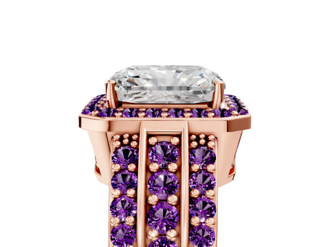 Rose gold Radiant Cut Halo Diamond Ring with Round with Amethyst side stone Split Shank and Prong Setting_5