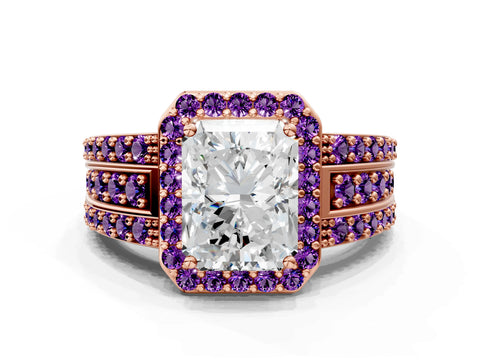 Rose gold Radiant Cut Halo Diamond Ring with Round with Amethyst side stone Split Shank and Prong Setting