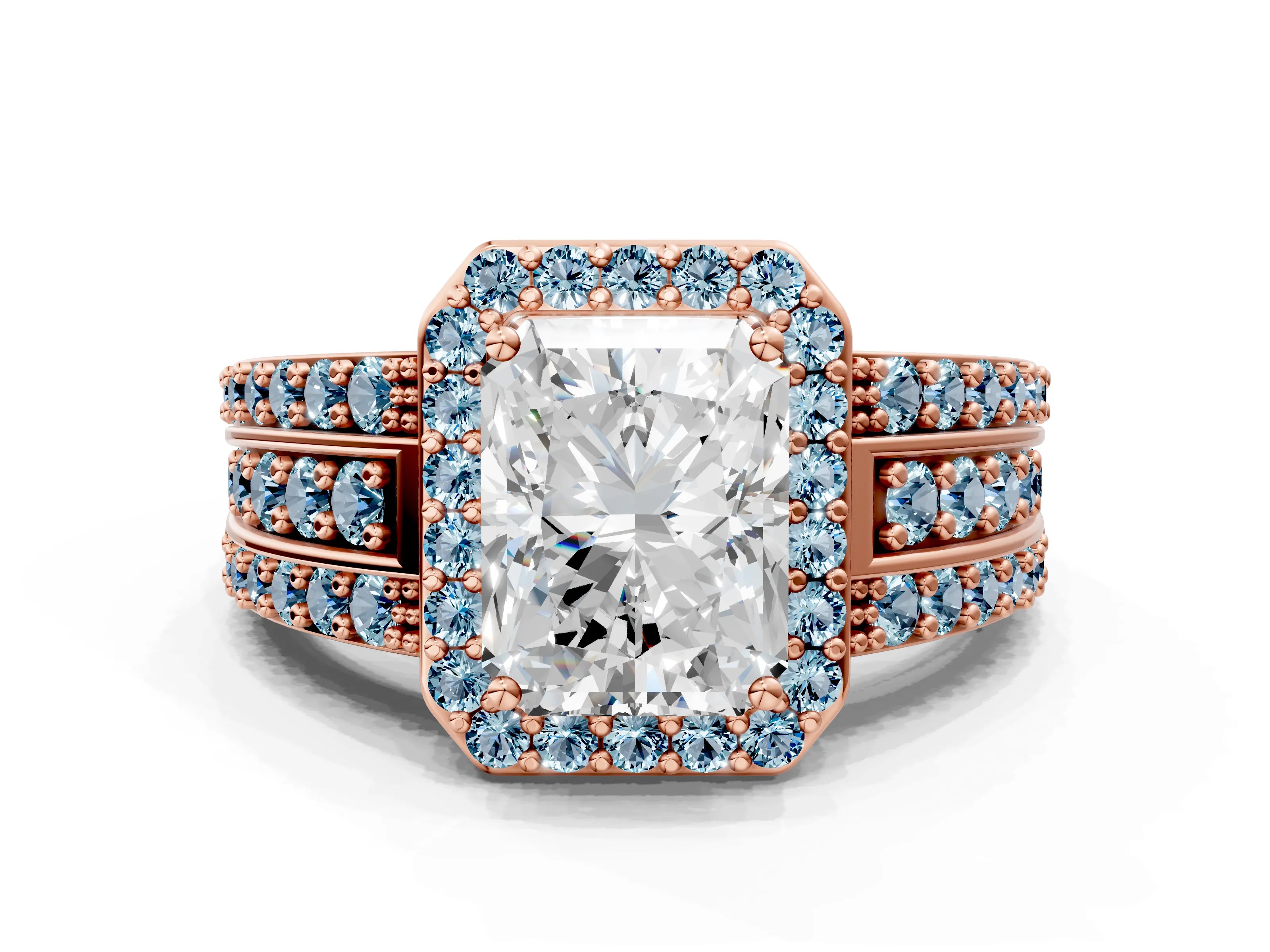 Rose gold Radiant Cut Halo Diamond Ring with Round with Aquamarine side stone Split Shank and Prong Setting