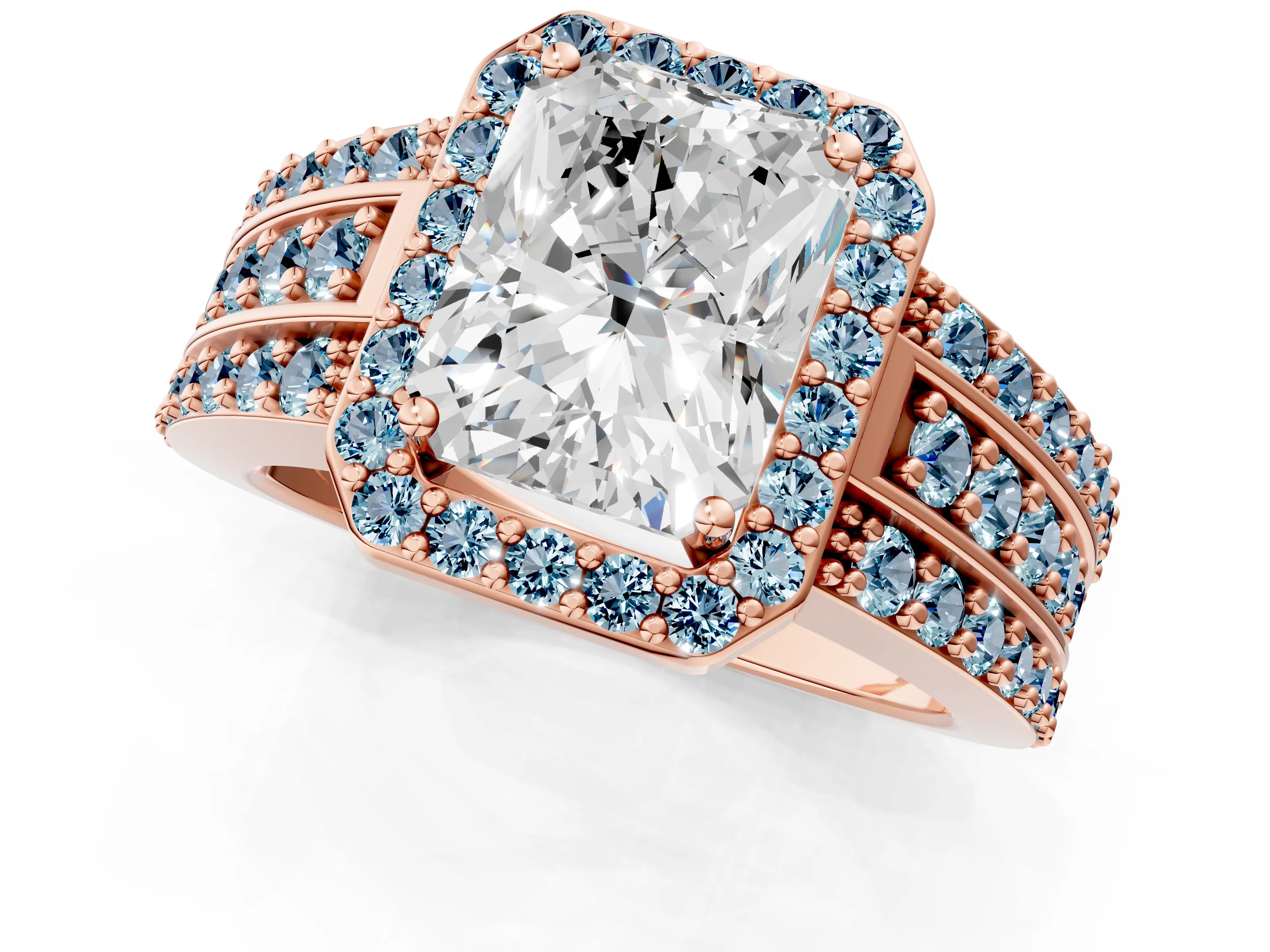 Rose gold Radiant Cut Halo Diamond Ring with Round with Aquamarine side stone Split Shank and Prong Setting_1