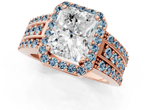Rose gold Radiant Cut Halo Diamond Ring with Round with Aquamarine side stone Split Shank and Prong Setting_1