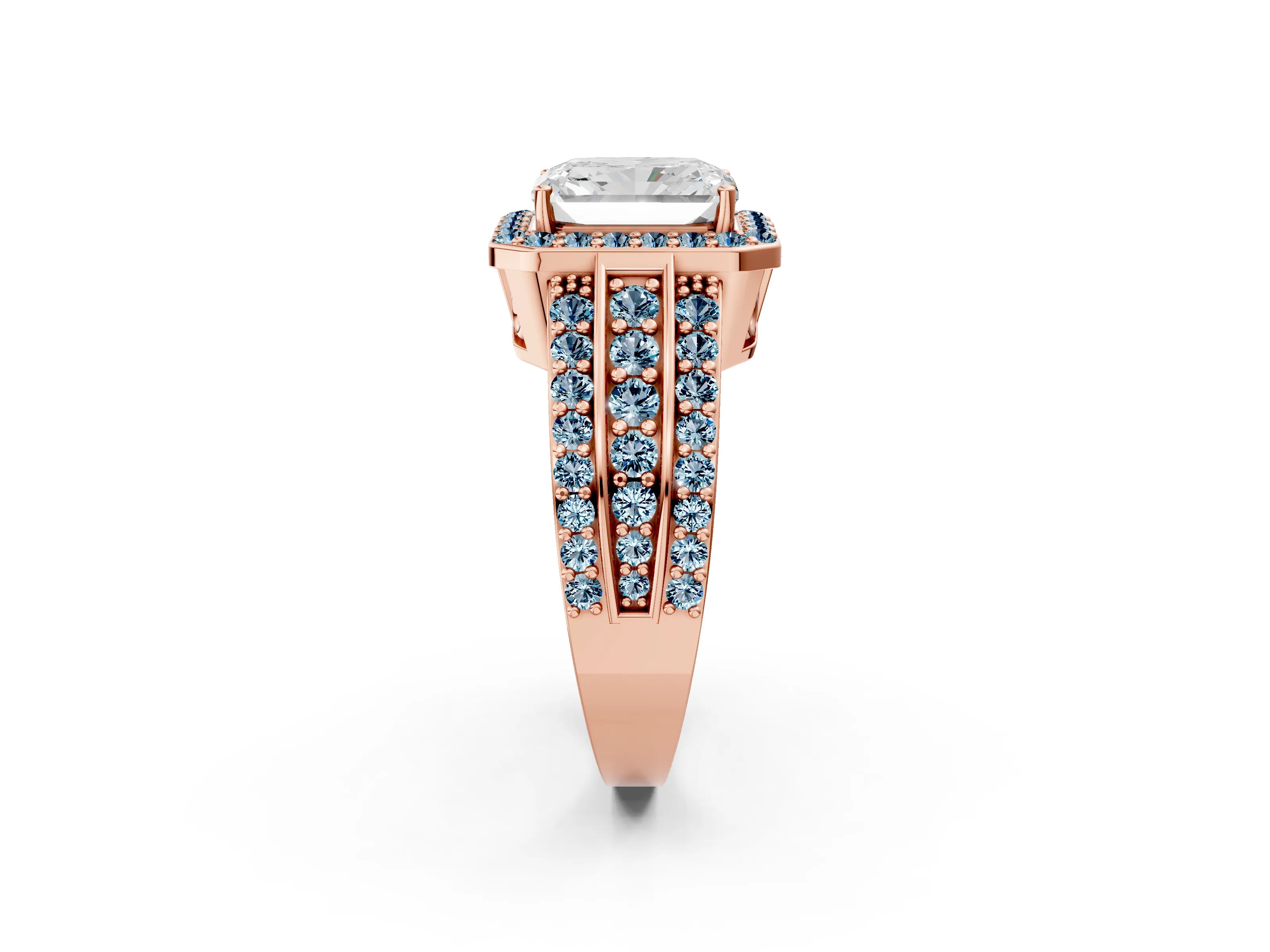 Rose gold Radiant Cut Halo Diamond Ring with Round with Aquamarine side stone Split Shank and Prong Setting_2