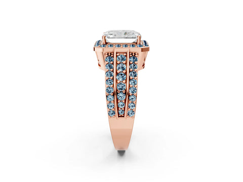 Rose gold Radiant Cut Halo Diamond Ring with Round with Aquamarine side stone Split Shank and Prong Setting_2