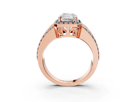 Rose gold Radiant Cut Halo Diamond Ring with Round with Aquamarine side stone Split Shank and Prong Setting_3