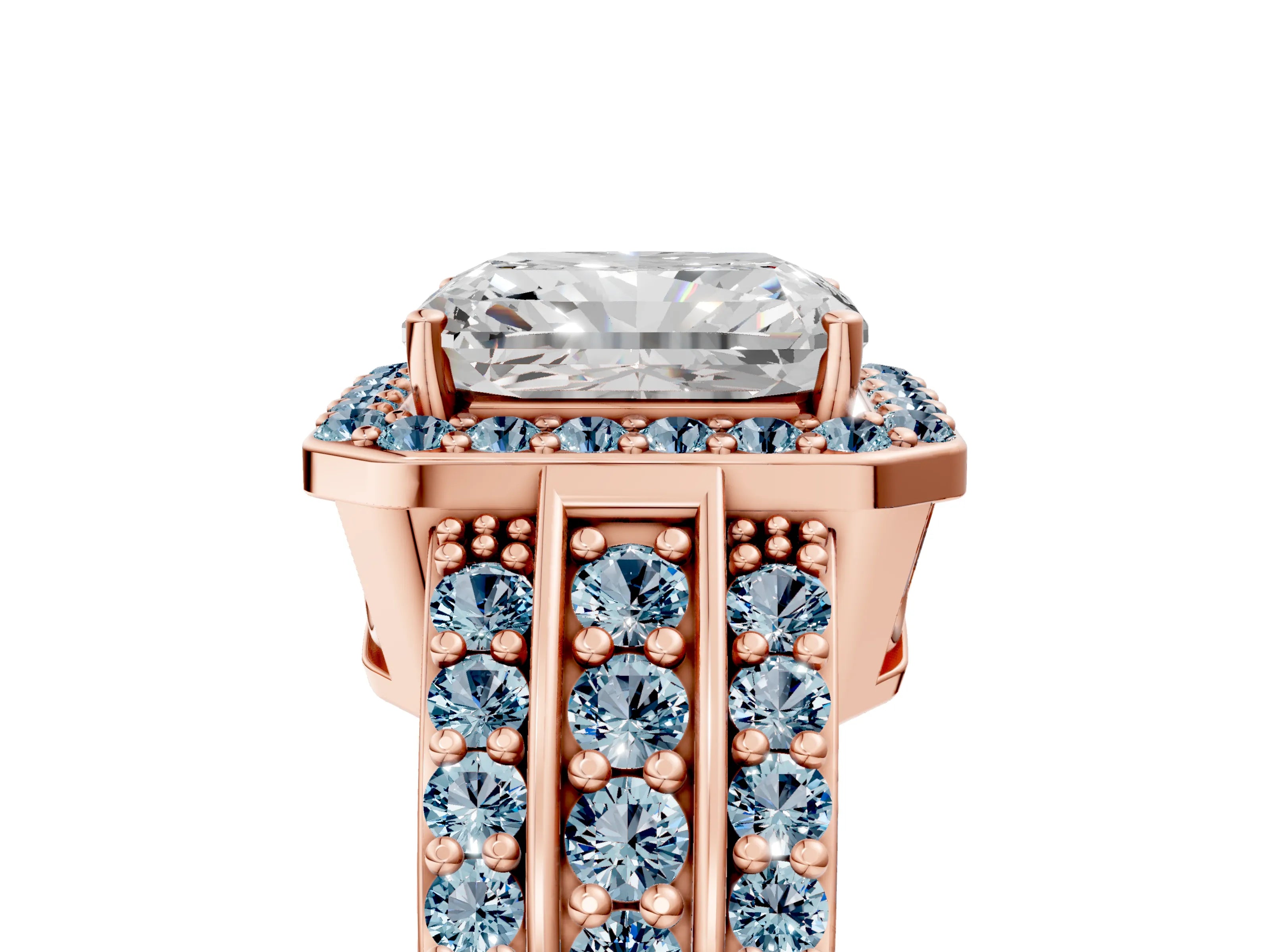 Rose gold Radiant Cut Halo Diamond Ring with Round with Aquamarine side stone Split Shank and Prong Setting_5