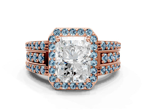 Rose gold Radiant Cut Halo Diamond Ring with Round with Aquamarine side stone Split Shank and Prong Setting