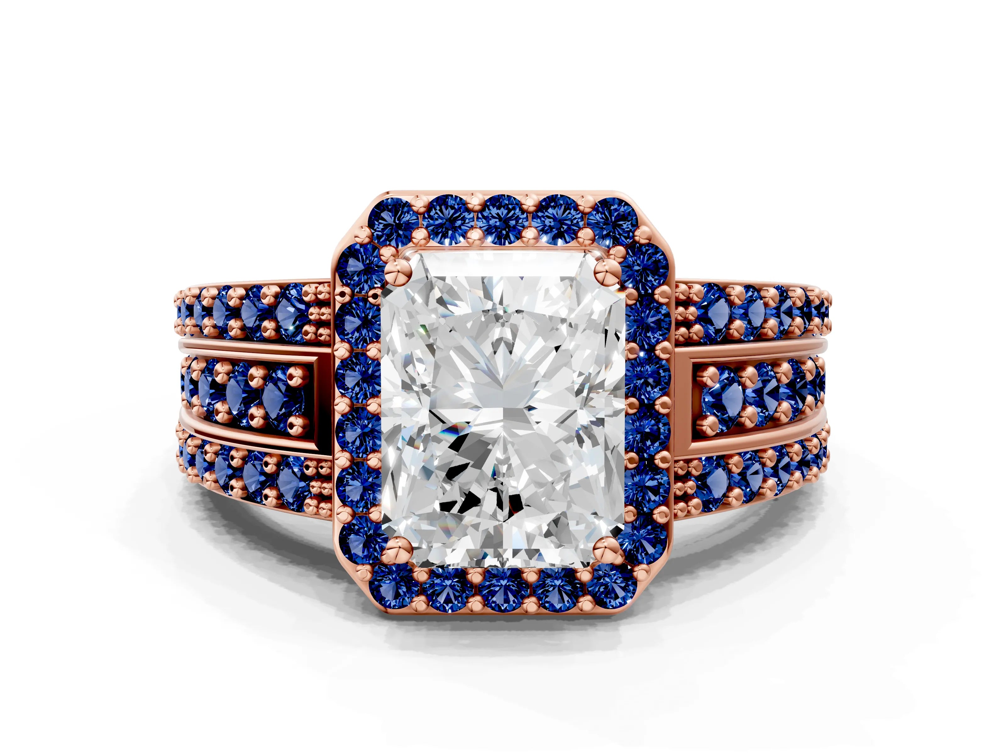Rose gold Radiant Cut Halo Diamond Ring with Round with Blue Sapphire side stone Split Shank and Prong Setting