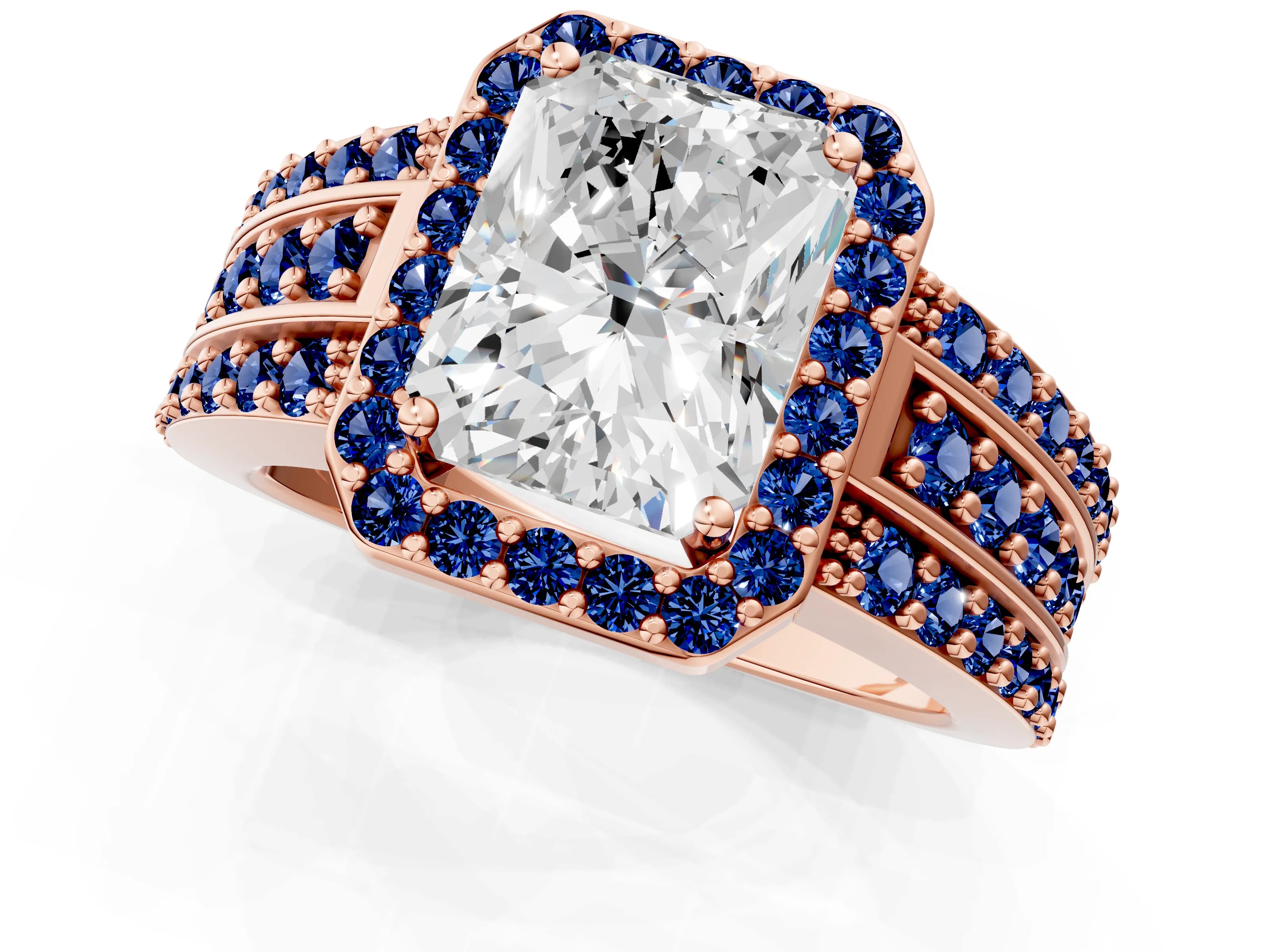 Rose gold Radiant Cut Halo Diamond Ring with Round with Blue Sapphire side stone Split Shank and Prong Setting_1