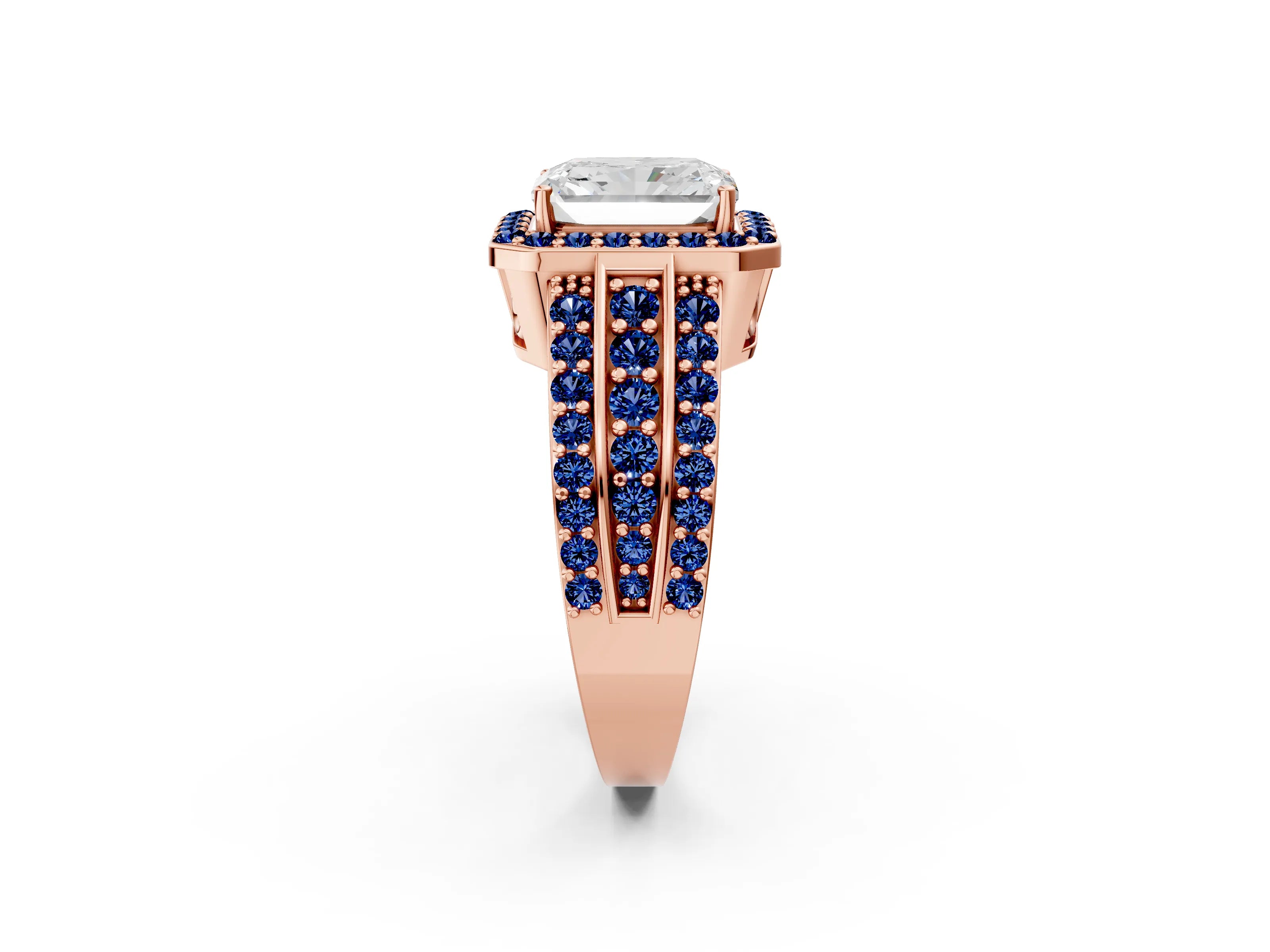 Rose gold Radiant Cut Halo Diamond Ring with Round with Blue Sapphire side stone Split Shank and Prong Setting_2