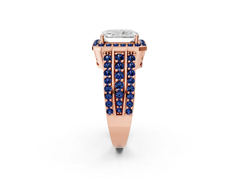 Rose gold Radiant Cut Halo Diamond Ring with Round with Blue Sapphire side stone Split Shank and Prong Setting_2
