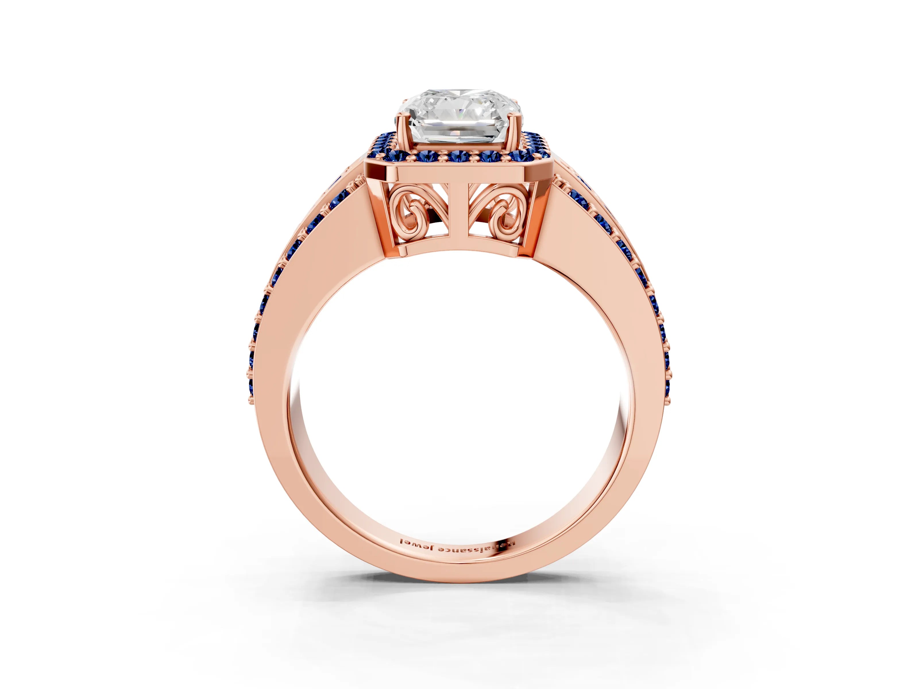 Rose gold Radiant Cut Halo Diamond Ring with Round with Blue Sapphire side stone Split Shank and Prong Setting_3