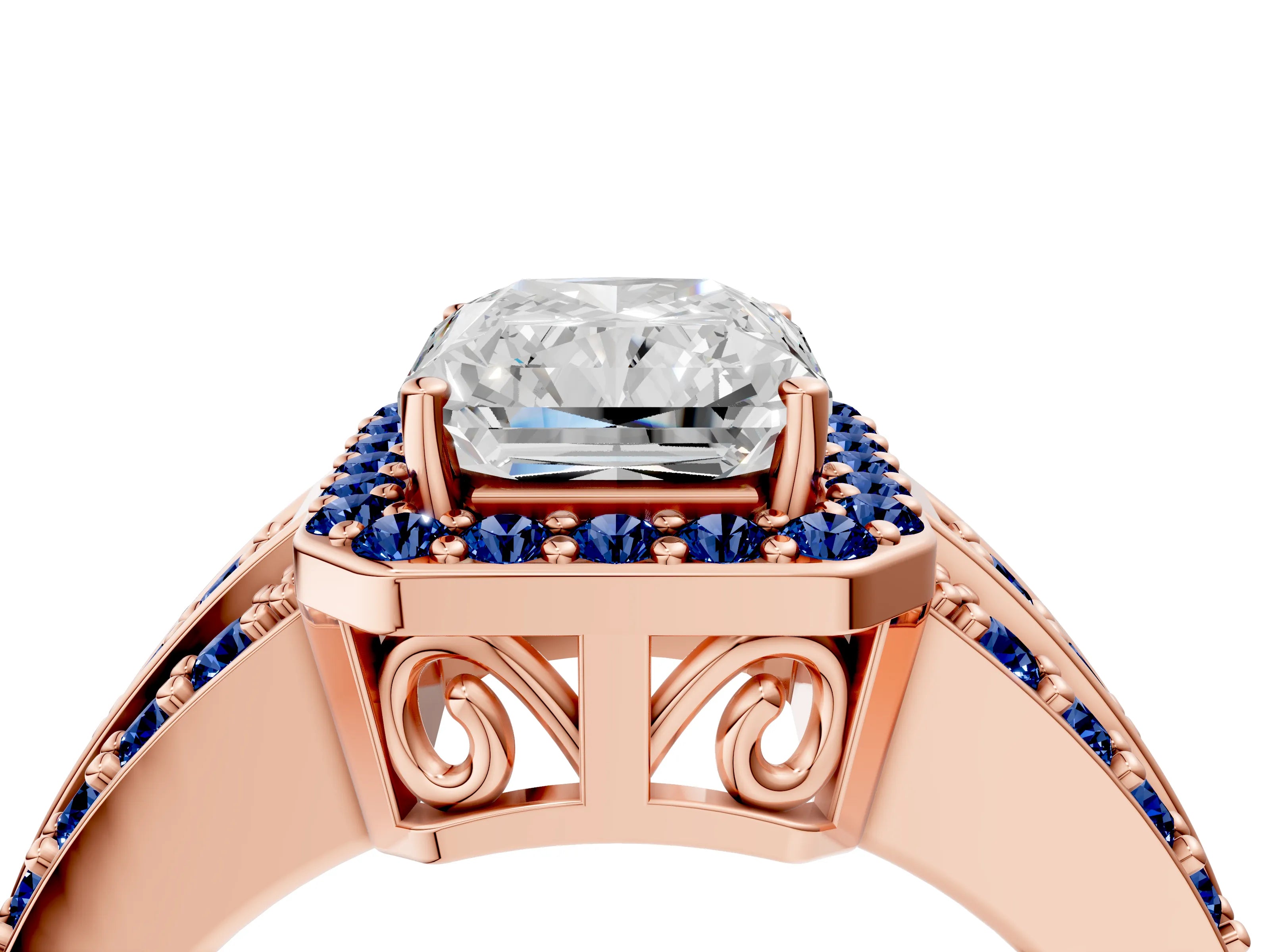 Rose gold Radiant Cut Halo Diamond Ring with Round with Blue Sapphire side stone Split Shank and Prong Setting_4