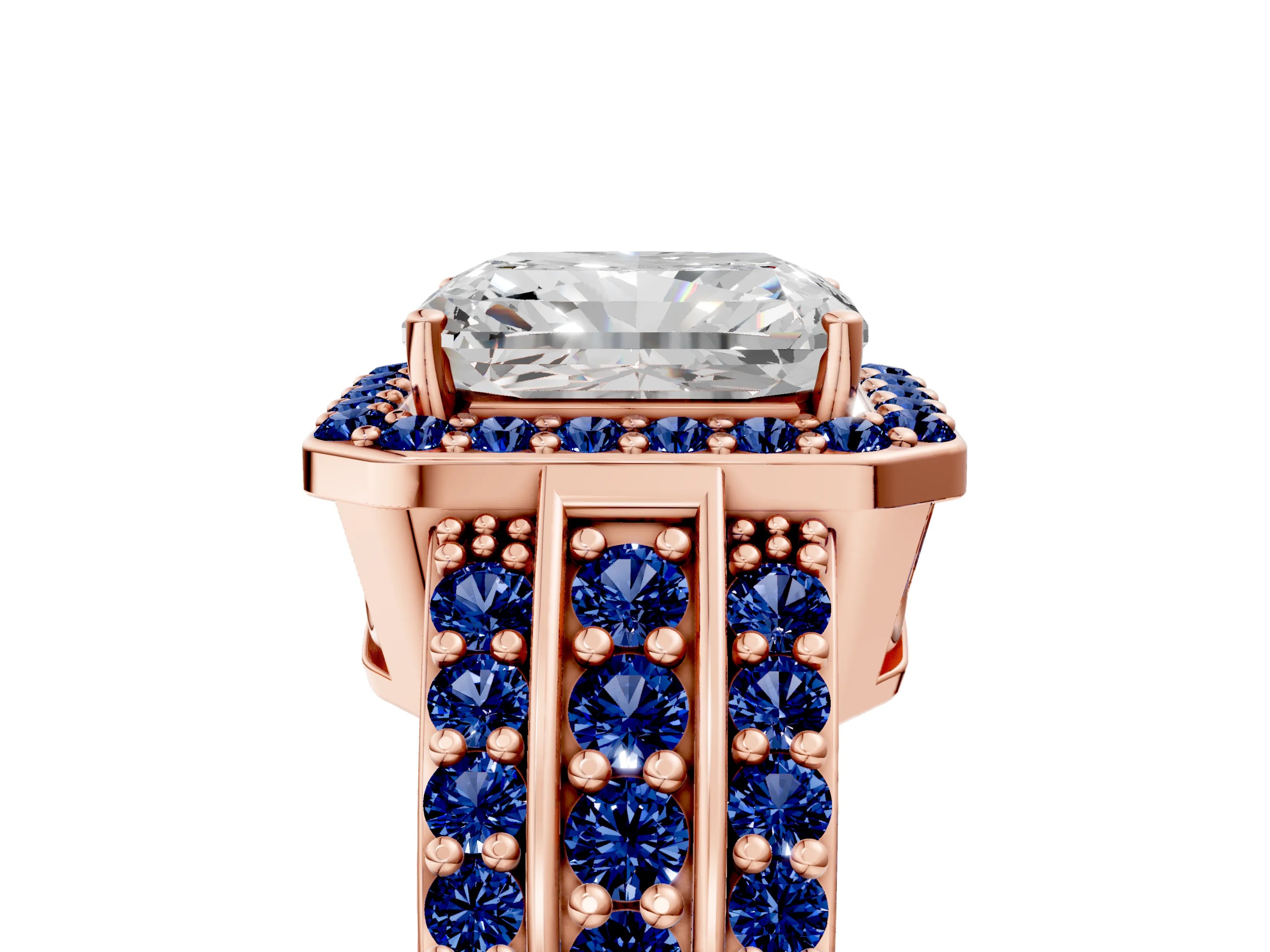 Rose gold Radiant Cut Halo Diamond Ring with Round with Blue Sapphire side stone Split Shank and Prong Setting_5