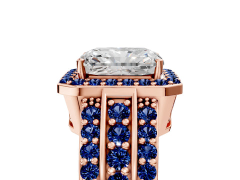 Rose gold Radiant Cut Halo Diamond Ring with Round with Blue Sapphire side stone Split Shank and Prong Setting_5