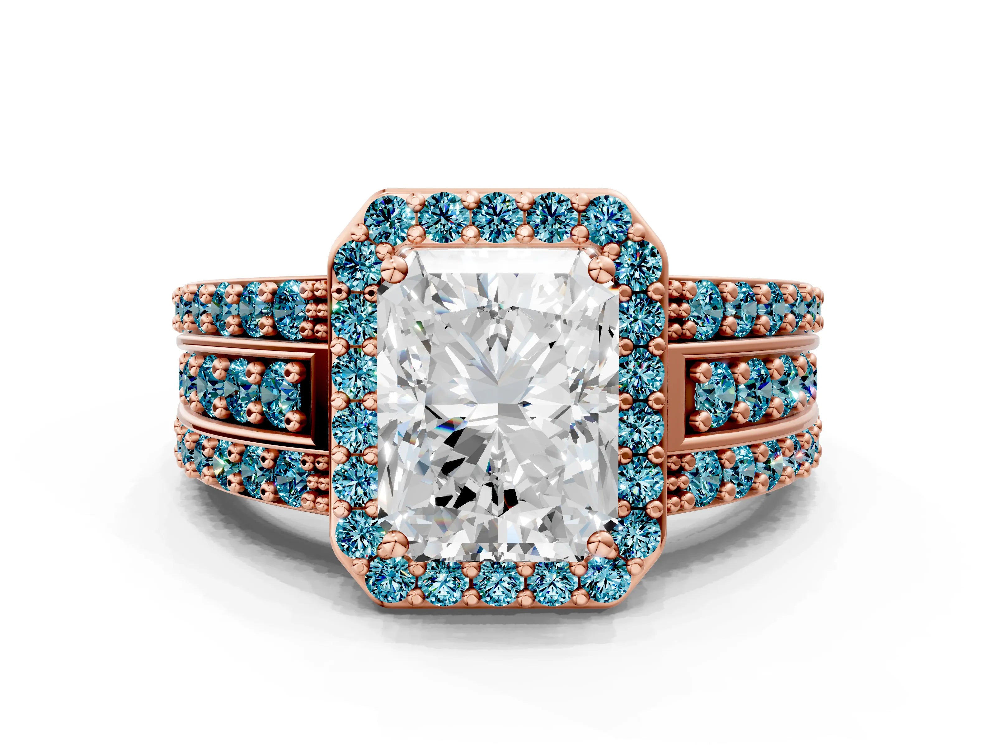 Rose gold Radiant Cut Halo Diamond Ring with Round with Blue Topaz side stone Split Shank and Prong Setting