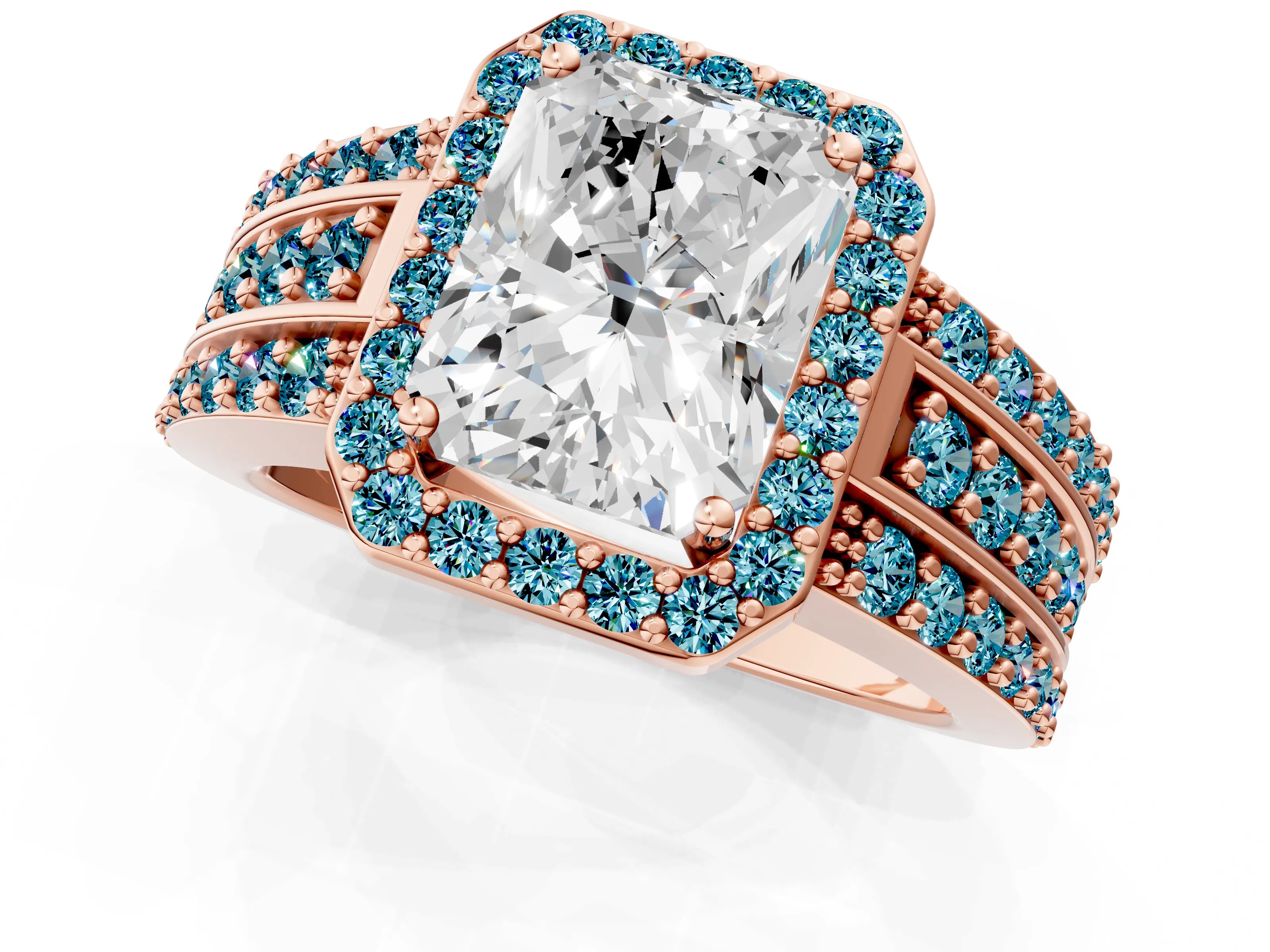 Rose gold Radiant Cut Halo Diamond Ring with Round with Blue Topaz side stone Split Shank and Prong Setting_1