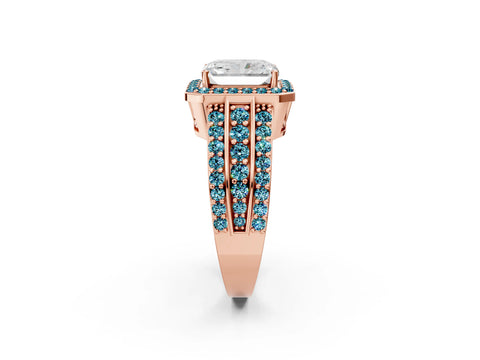 Rose gold Radiant Cut Halo Diamond Ring with Round with Blue Topaz side stone Split Shank and Prong Setting_2