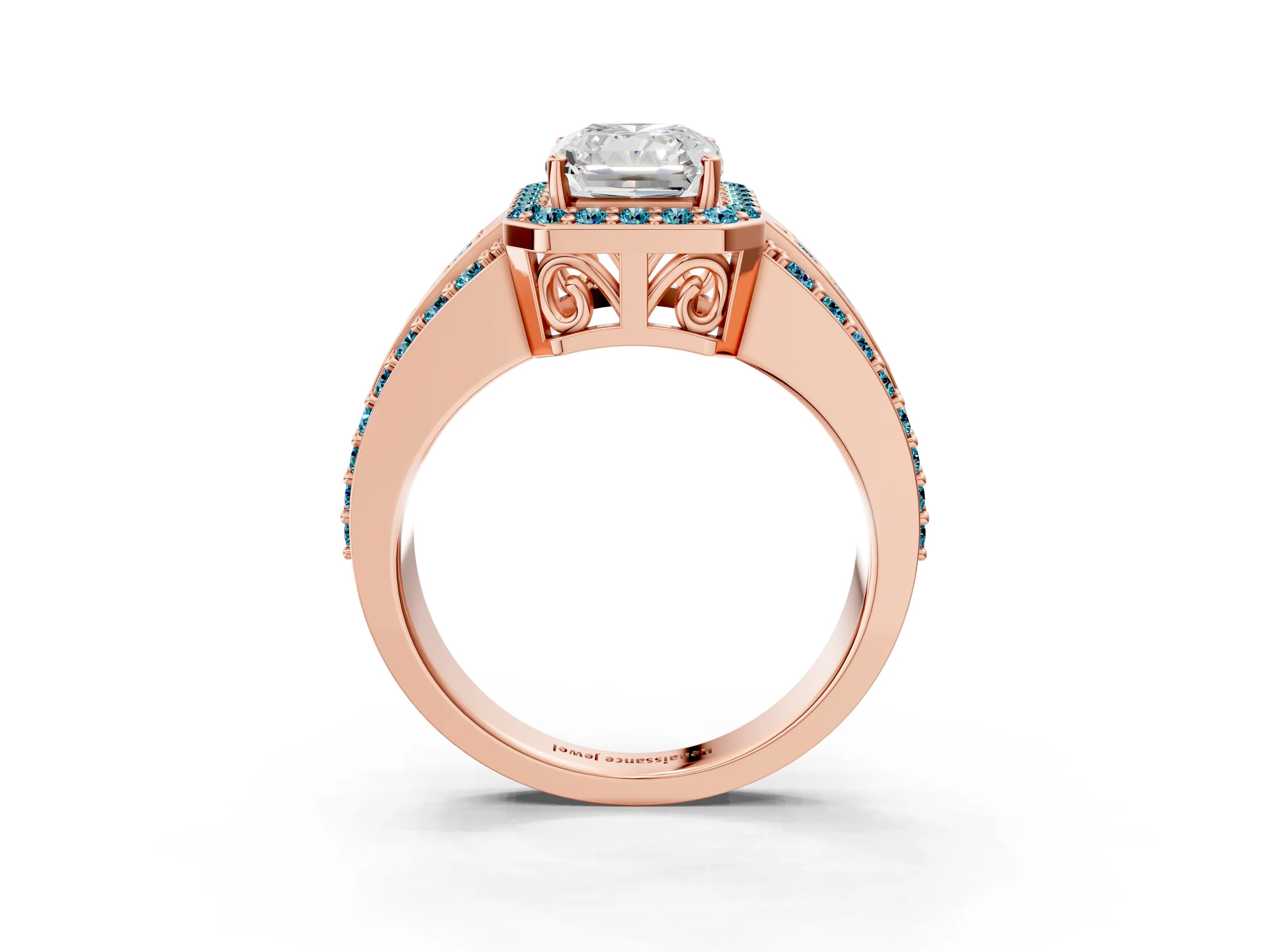 Rose gold Radiant Cut Halo Diamond Ring with Round with Blue Topaz side stone Split Shank and Prong Setting_3