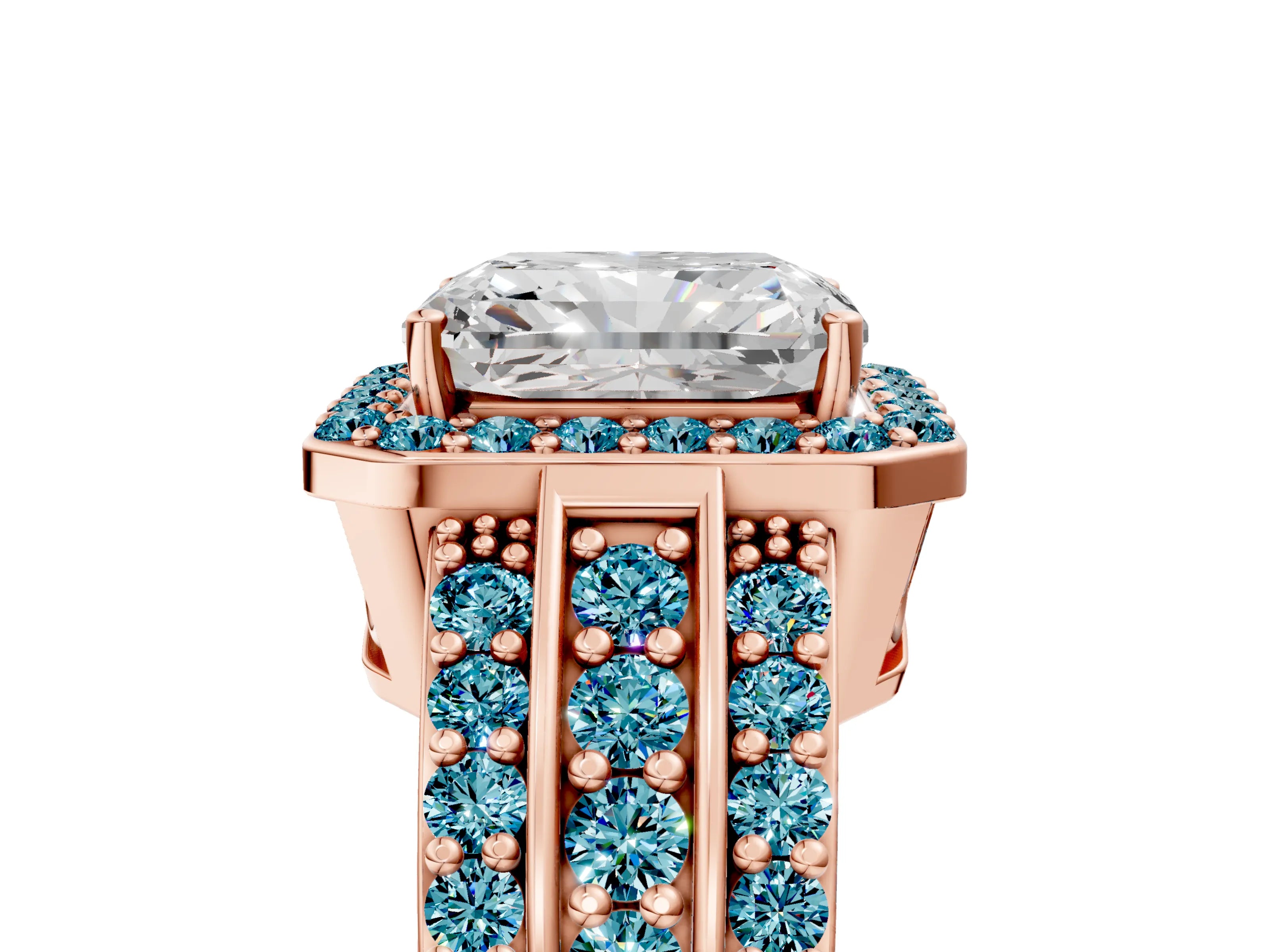 Rose gold Radiant Cut Halo Diamond Ring with Round with Blue Topaz side stone Split Shank and Prong Setting_5