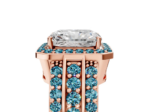 Rose gold Radiant Cut Halo Diamond Ring with Round with Blue Topaz side stone Split Shank and Prong Setting_5