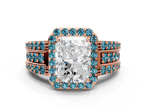 Rose gold Radiant Cut Halo Diamond Ring with Round with Blue Topaz side stone Split Shank and Prong Setting