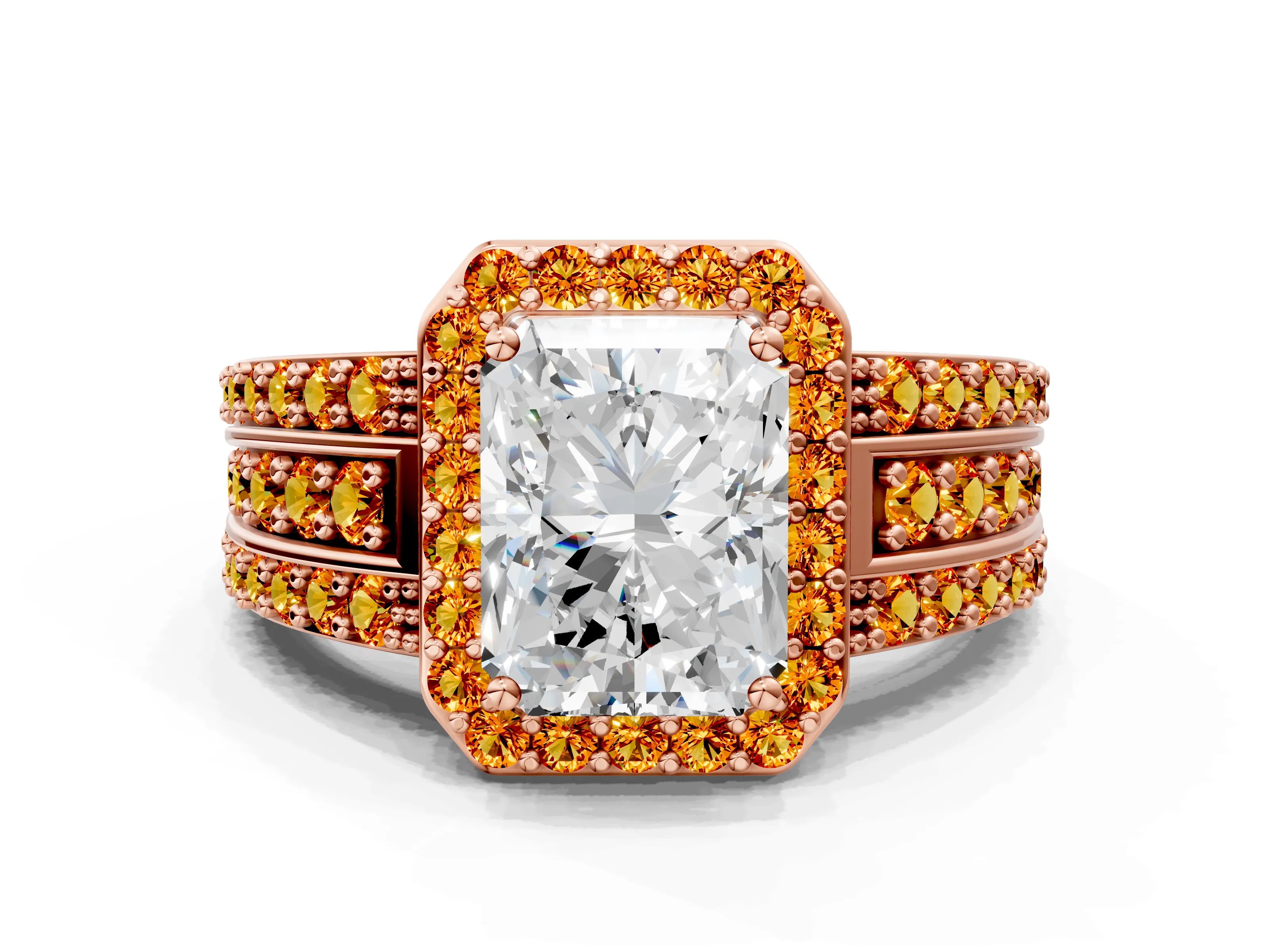 Rose gold Radiant Cut Halo Diamond Ring with Round with Citrine side stone Split Shank and Prong Setting