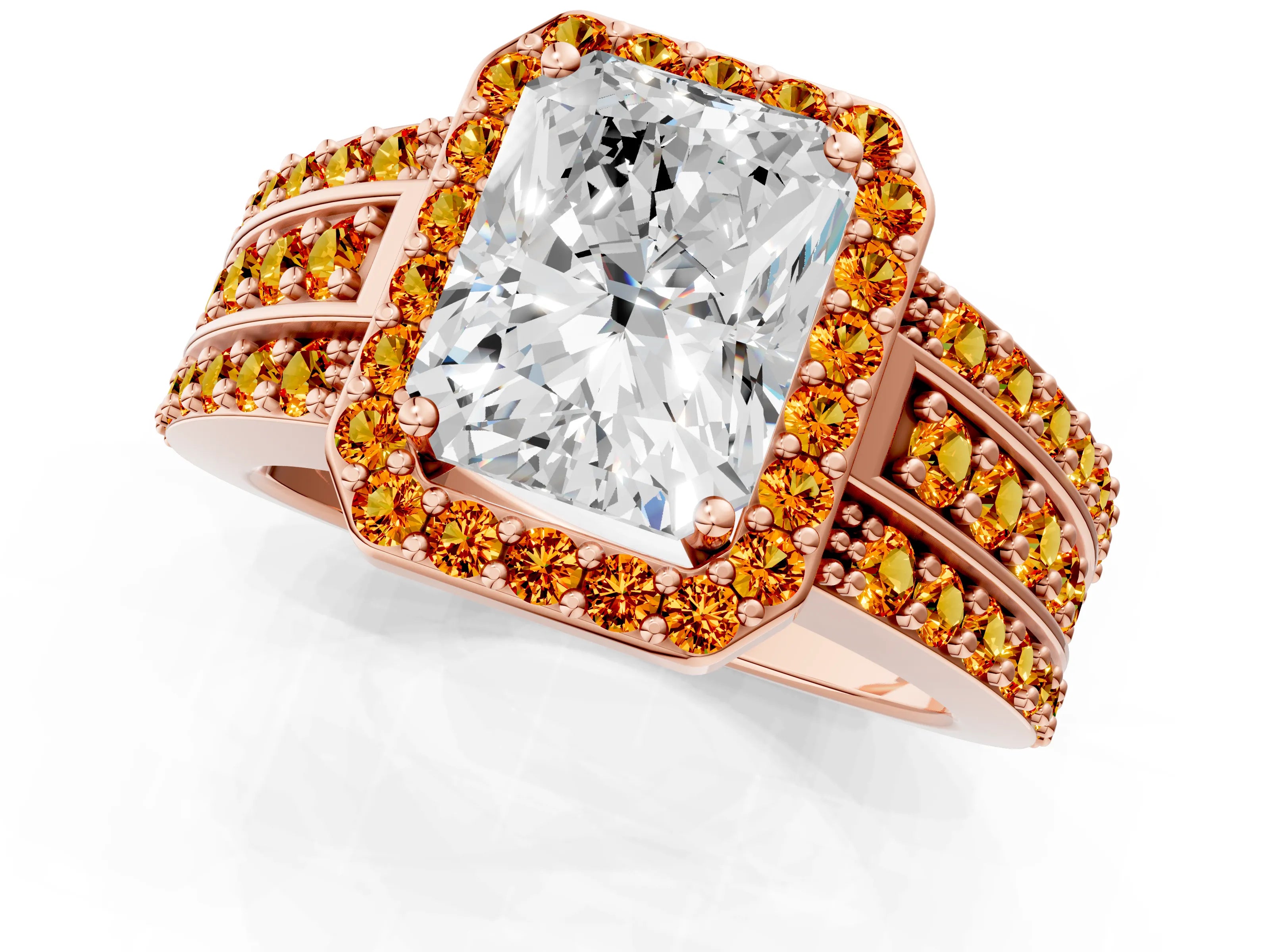 Rose gold Radiant Cut Halo Diamond Ring with Round with Citrine side stone Split Shank and Prong Setting_1