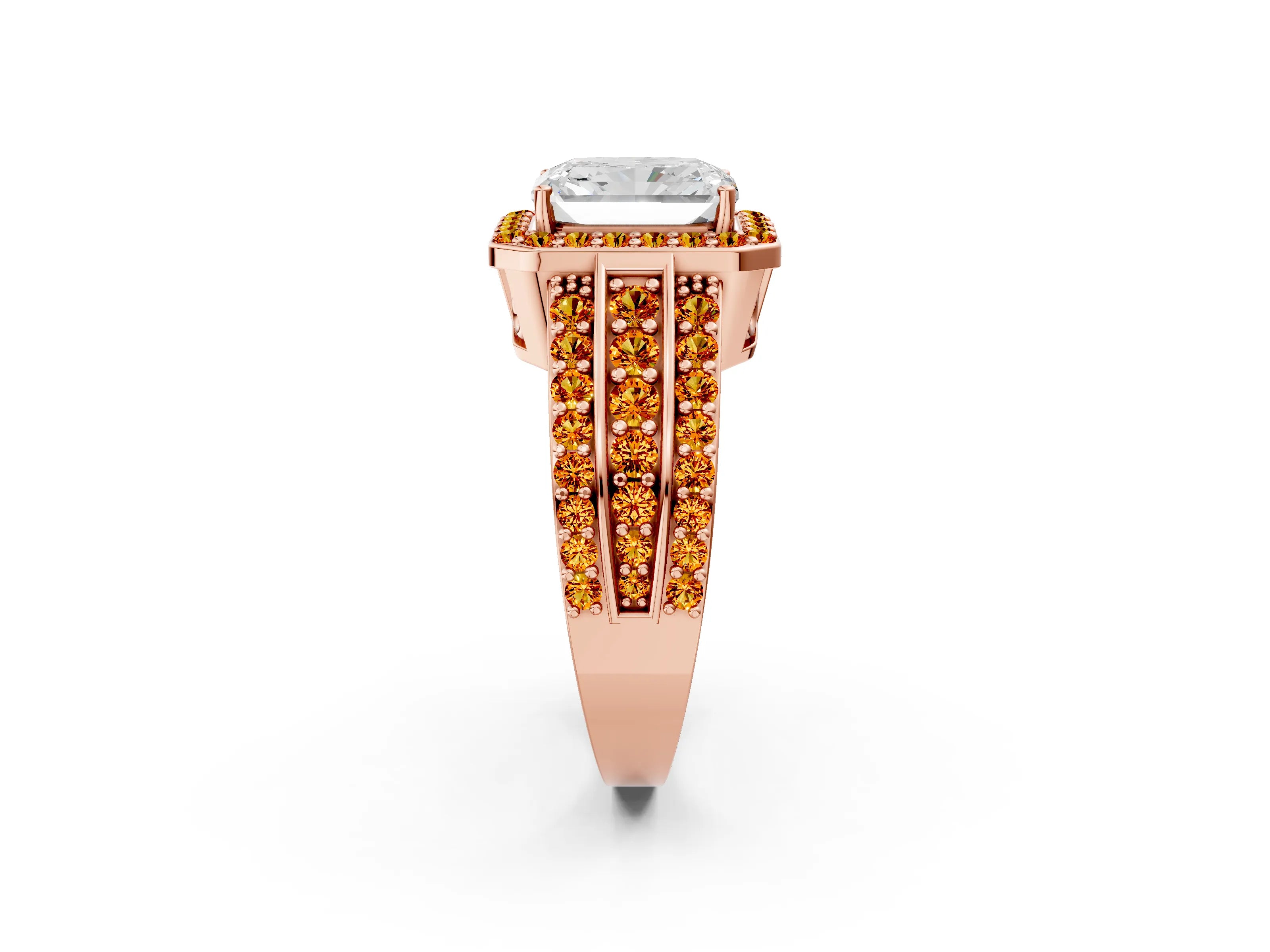Rose gold Radiant Cut Halo Diamond Ring with Round with Citrine side stone Split Shank and Prong Setting_2