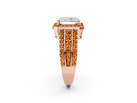 Rose gold Radiant Cut Halo Diamond Ring with Round with Citrine side stone Split Shank and Prong Setting_2