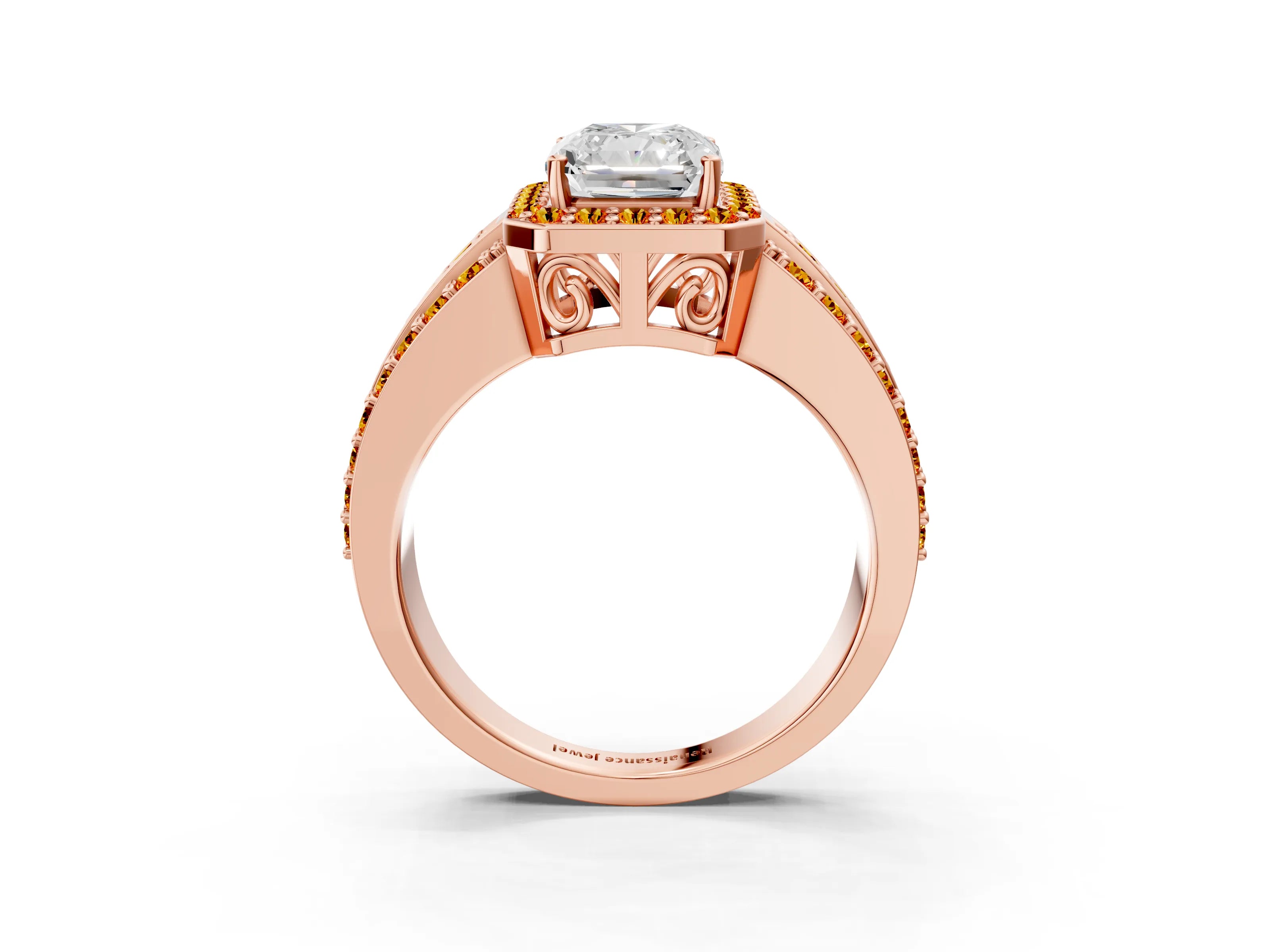 Rose gold Radiant Cut Halo Diamond Ring with Round with Citrine side stone Split Shank and Prong Setting_3