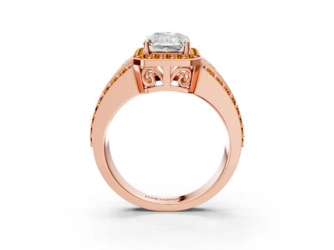 Rose gold Radiant Cut Halo Diamond Ring with Round with Citrine side stone Split Shank and Prong Setting_3