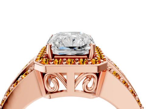 Rose gold Radiant Cut Halo Diamond Ring with Round with Citrine side stone Split Shank and Prong Setting_4