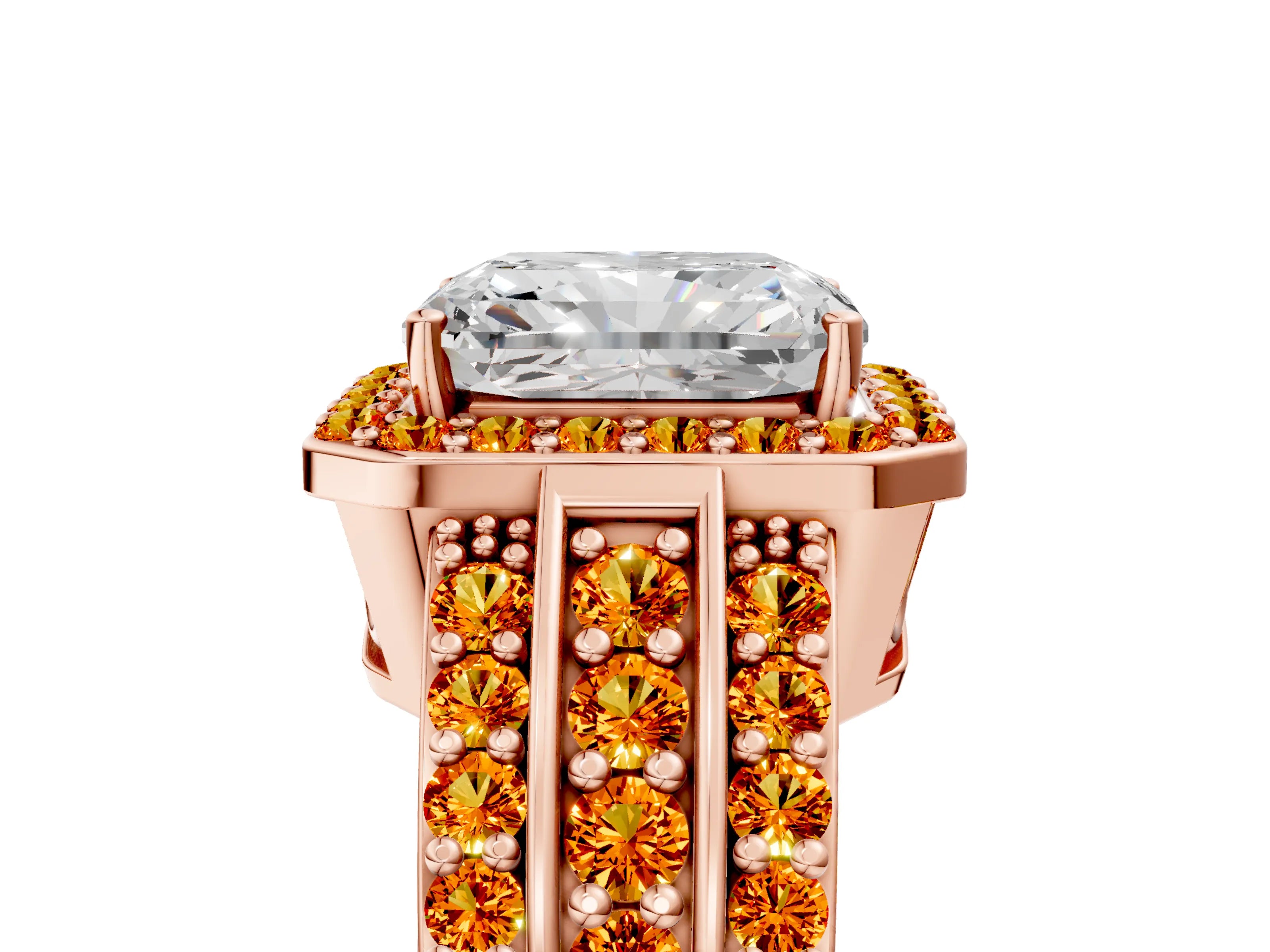 Rose gold Radiant Cut Halo Diamond Ring with Round with Citrine side stone Split Shank and Prong Setting_5