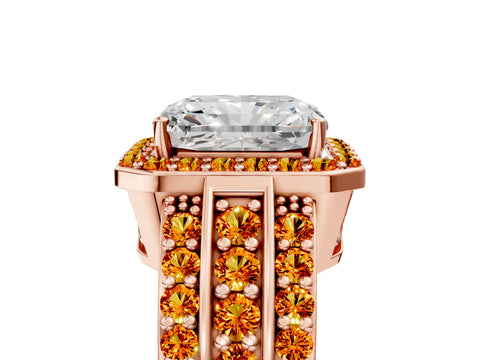 Rose gold Radiant Cut Halo Diamond Ring with Round with Citrine side stone Split Shank and Prong Setting_5