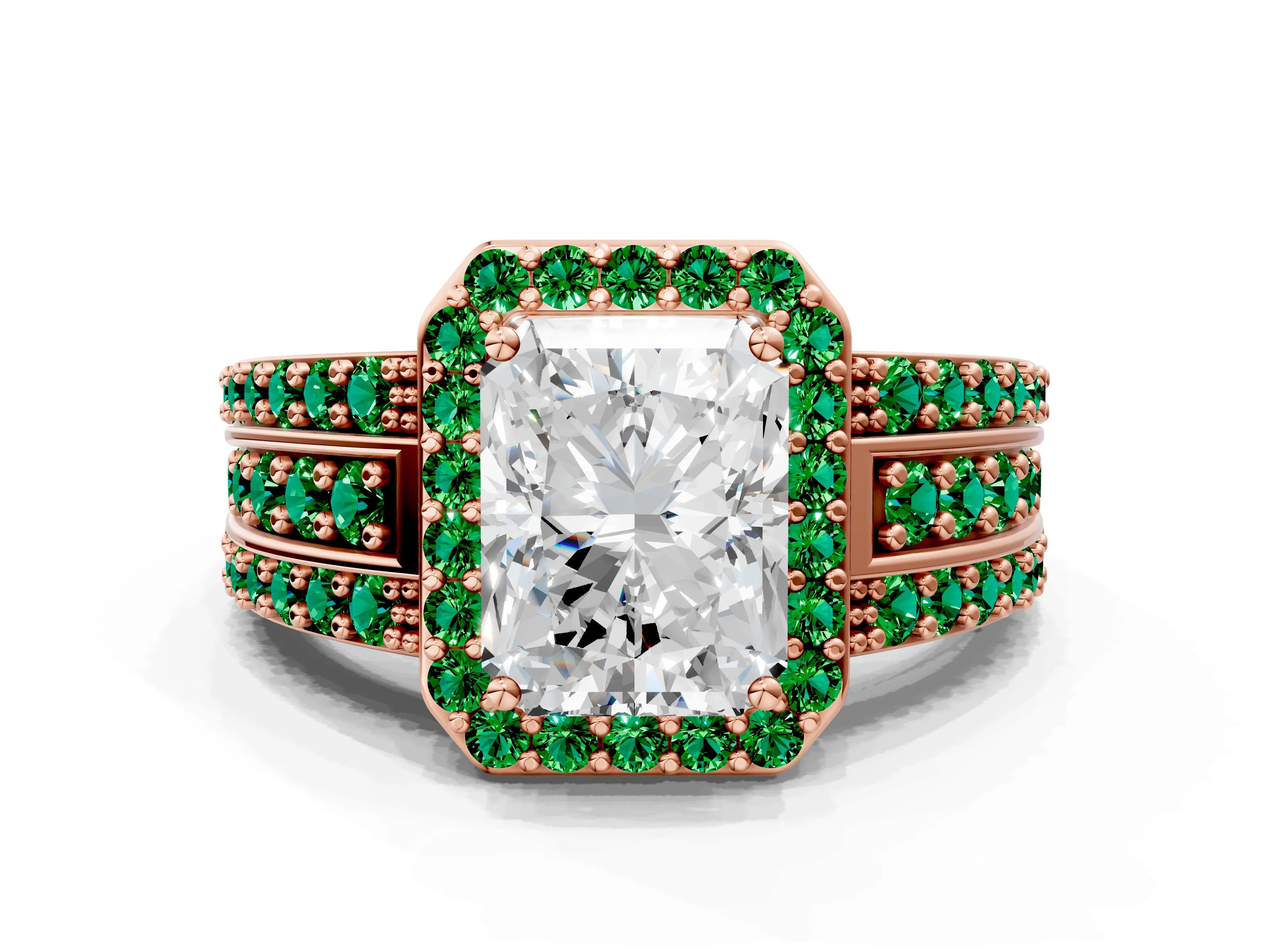 Rose gold Radiant Cut Halo Diamond Ring with Round with Emerald side stone Split Shank and Prong Setting