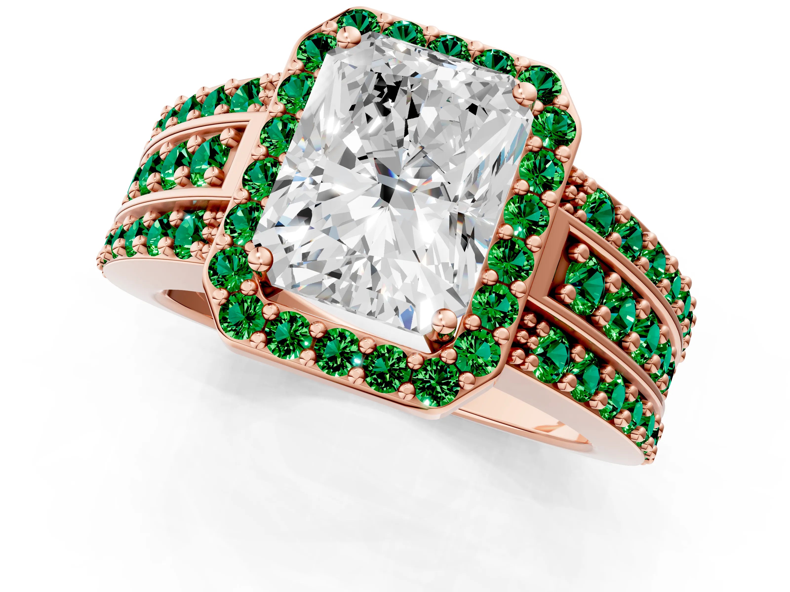 Rose gold Radiant Cut Halo Diamond Ring with Round with Emerald side stone Split Shank and Prong Setting_1
