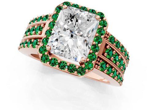 Rose gold Radiant Cut Halo Diamond Ring with Round with Emerald side stone Split Shank and Prong Setting_1