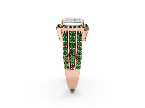 Rose gold Radiant Cut Halo Diamond Ring with Round with Emerald side stone Split Shank and Prong Setting_2