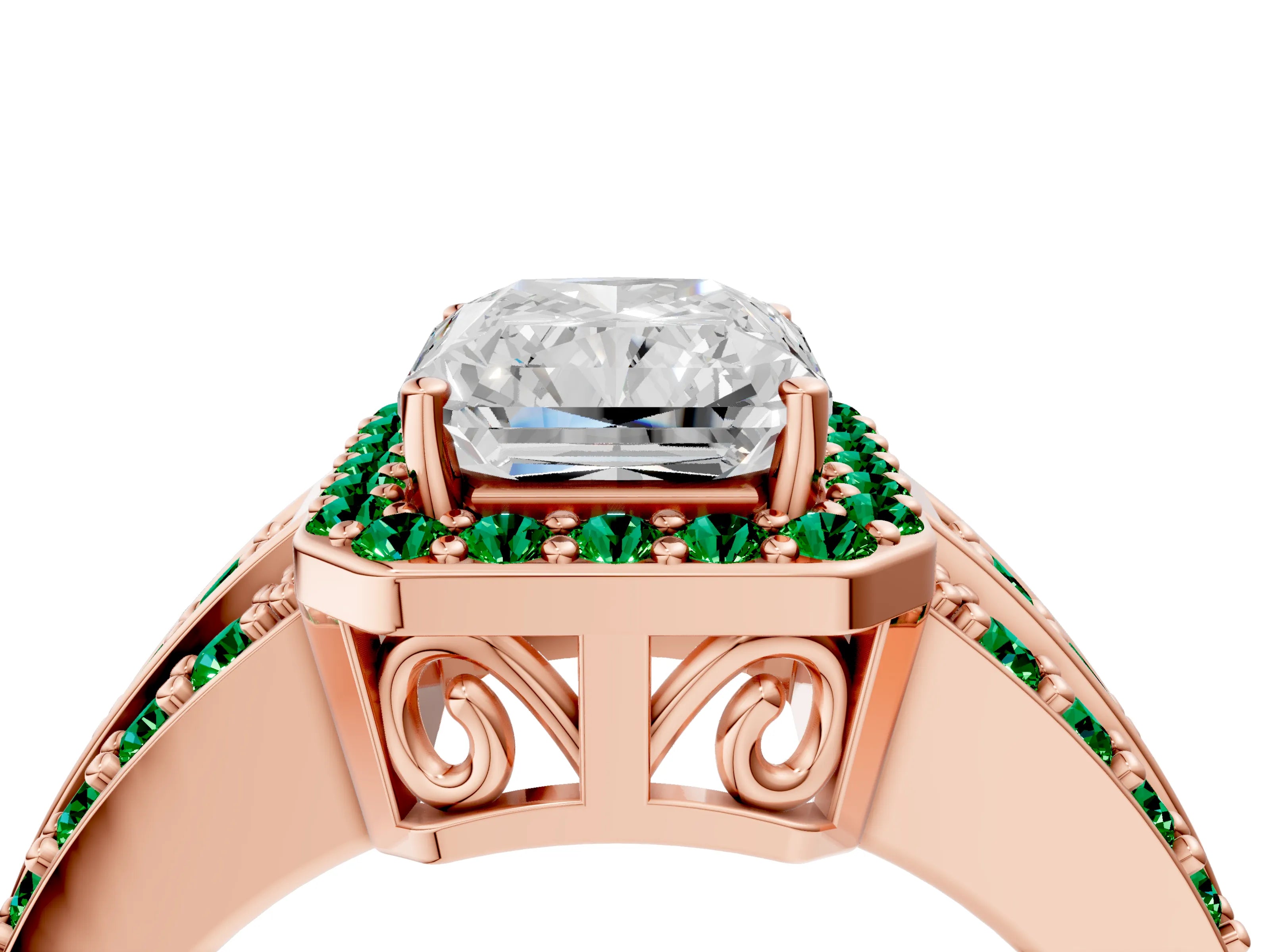 Rose gold Radiant Cut Halo Diamond Ring with Round with Emerald side stone Split Shank and Prong Setting_4