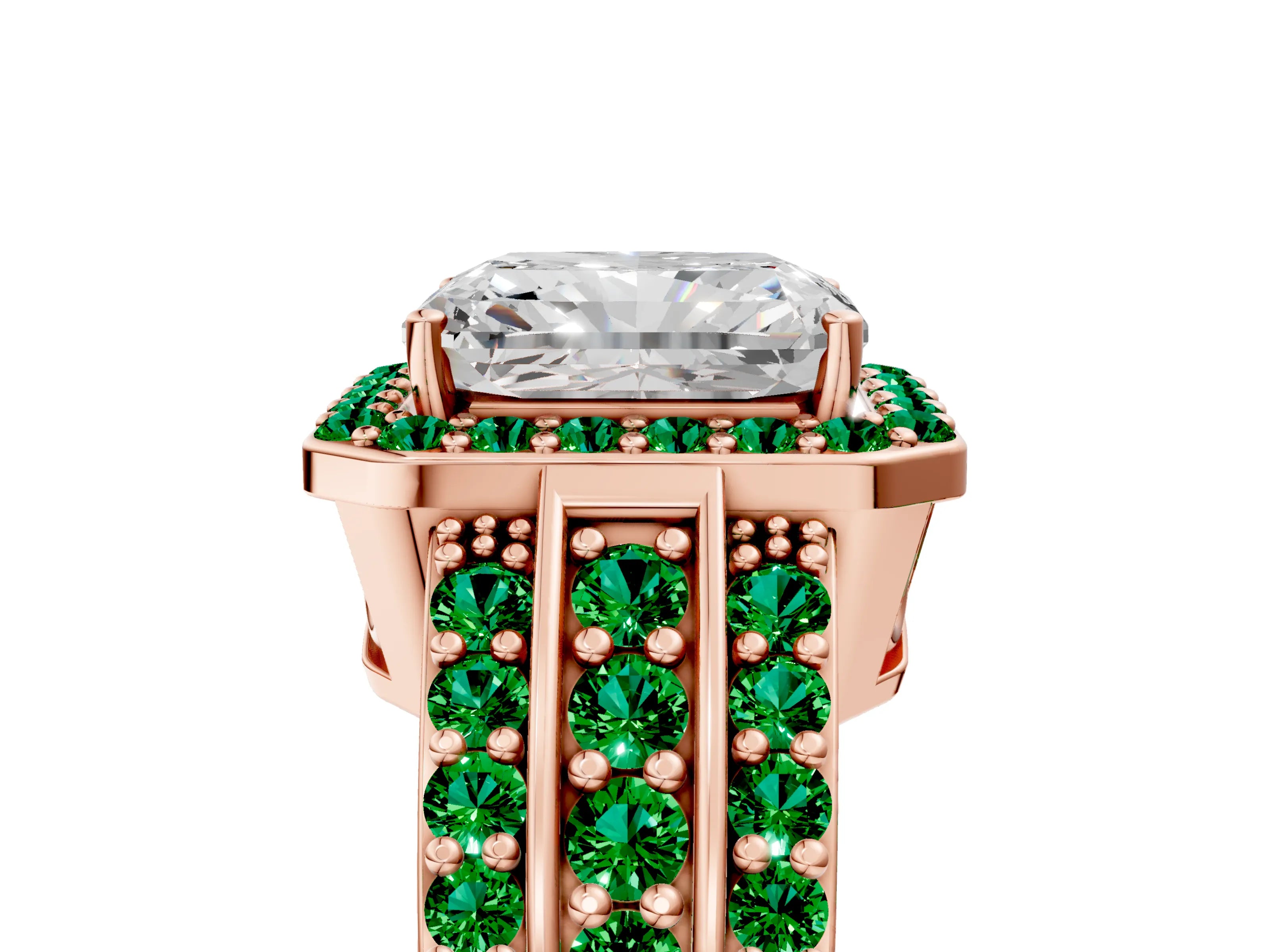 Rose gold Radiant Cut Halo Diamond Ring with Round with Emerald side stone Split Shank and Prong Setting_5
