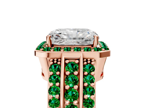 Rose gold Radiant Cut Halo Diamond Ring with Round with Emerald side stone Split Shank and Prong Setting_5