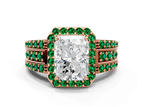 Rose gold Radiant Cut Halo Diamond Ring with Round with Emerald side stone Split Shank and Prong Setting