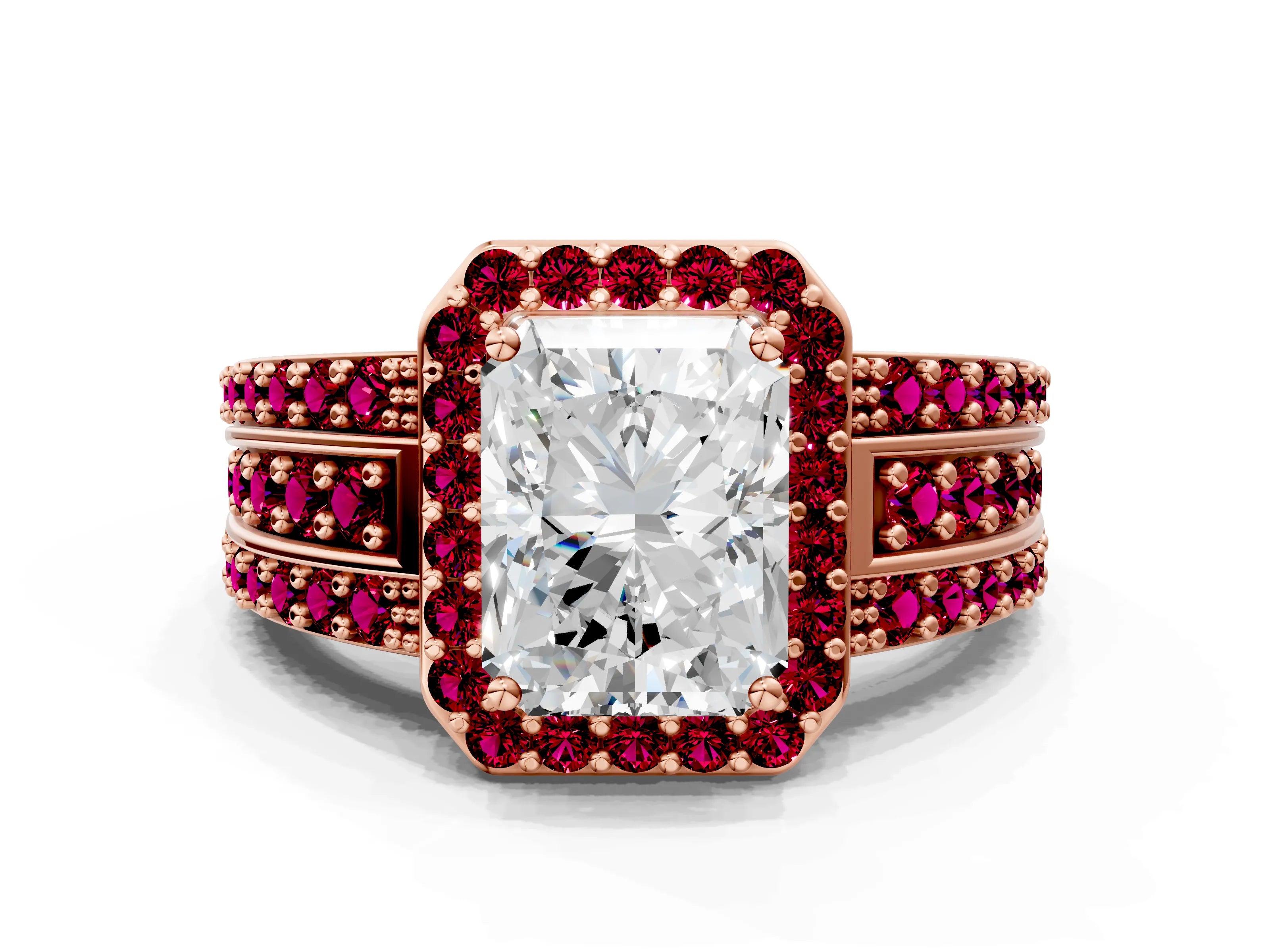 Rose gold Radiant Cut Halo Diamond Ring with Round with Garnet side stone Split Shank and Prong Setting