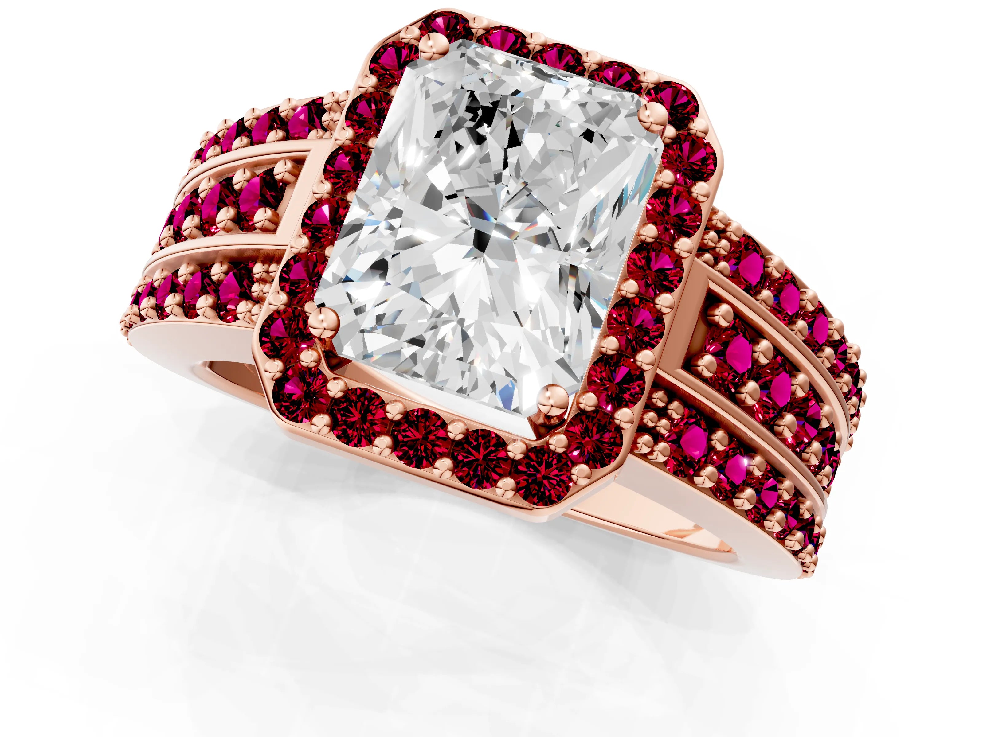 Rose gold Radiant Cut Halo Diamond Ring with Round with Garnet side stone Split Shank and Prong Setting_1