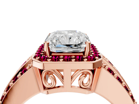 Rose gold Radiant Cut Halo Diamond Ring with Round with Garnet side stone Split Shank and Prong Setting_4