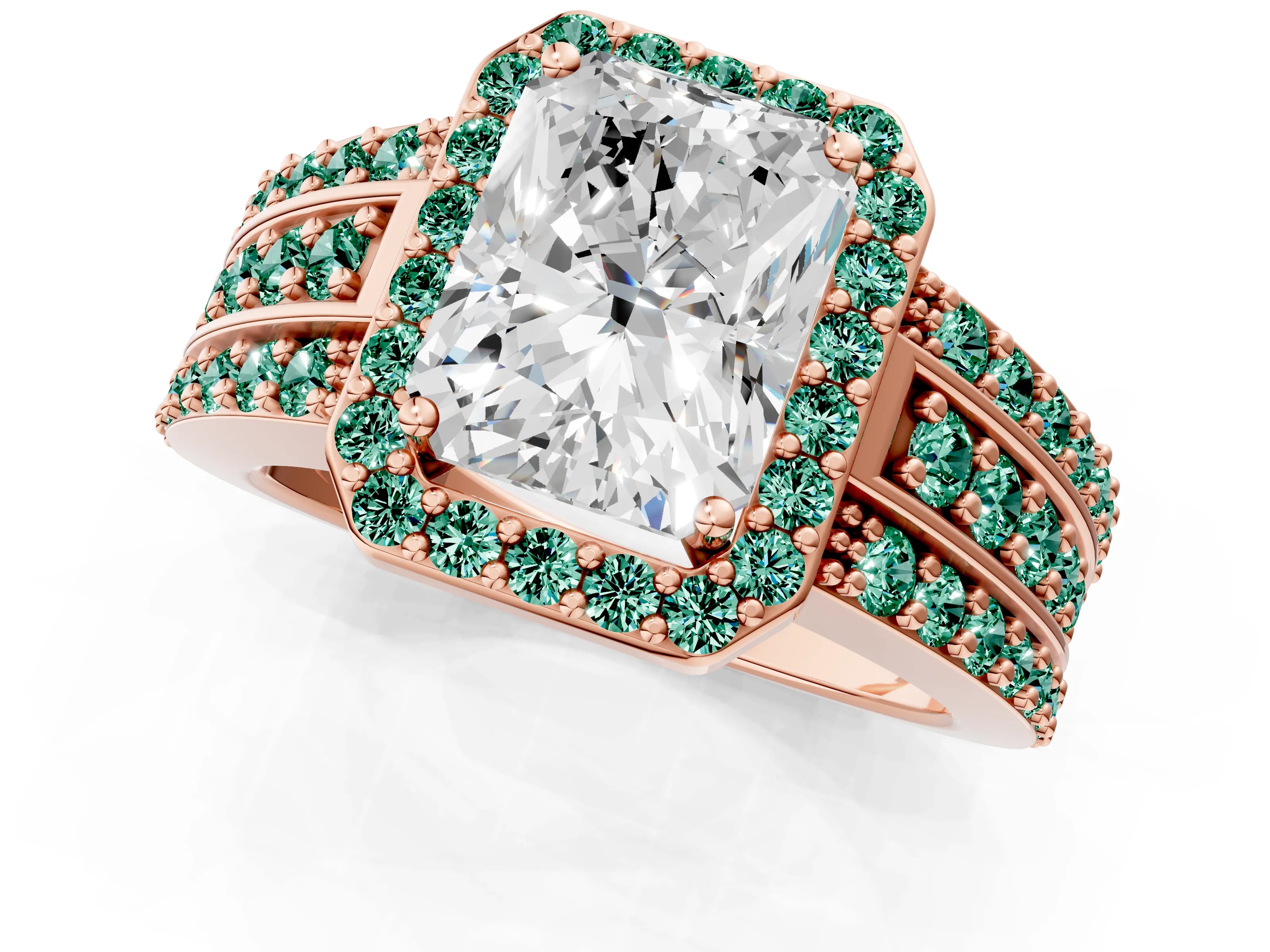Rose gold Radiant Cut Halo Diamond Ring with Round with Green Sapphire side stone Split Shank and Prong Setting_1