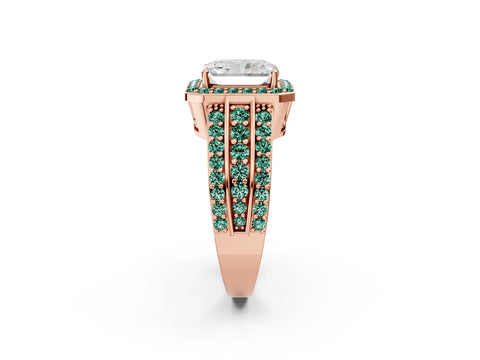 Rose gold Radiant Cut Halo Diamond Ring with Round with Green Sapphire side stone Split Shank and Prong Setting_2