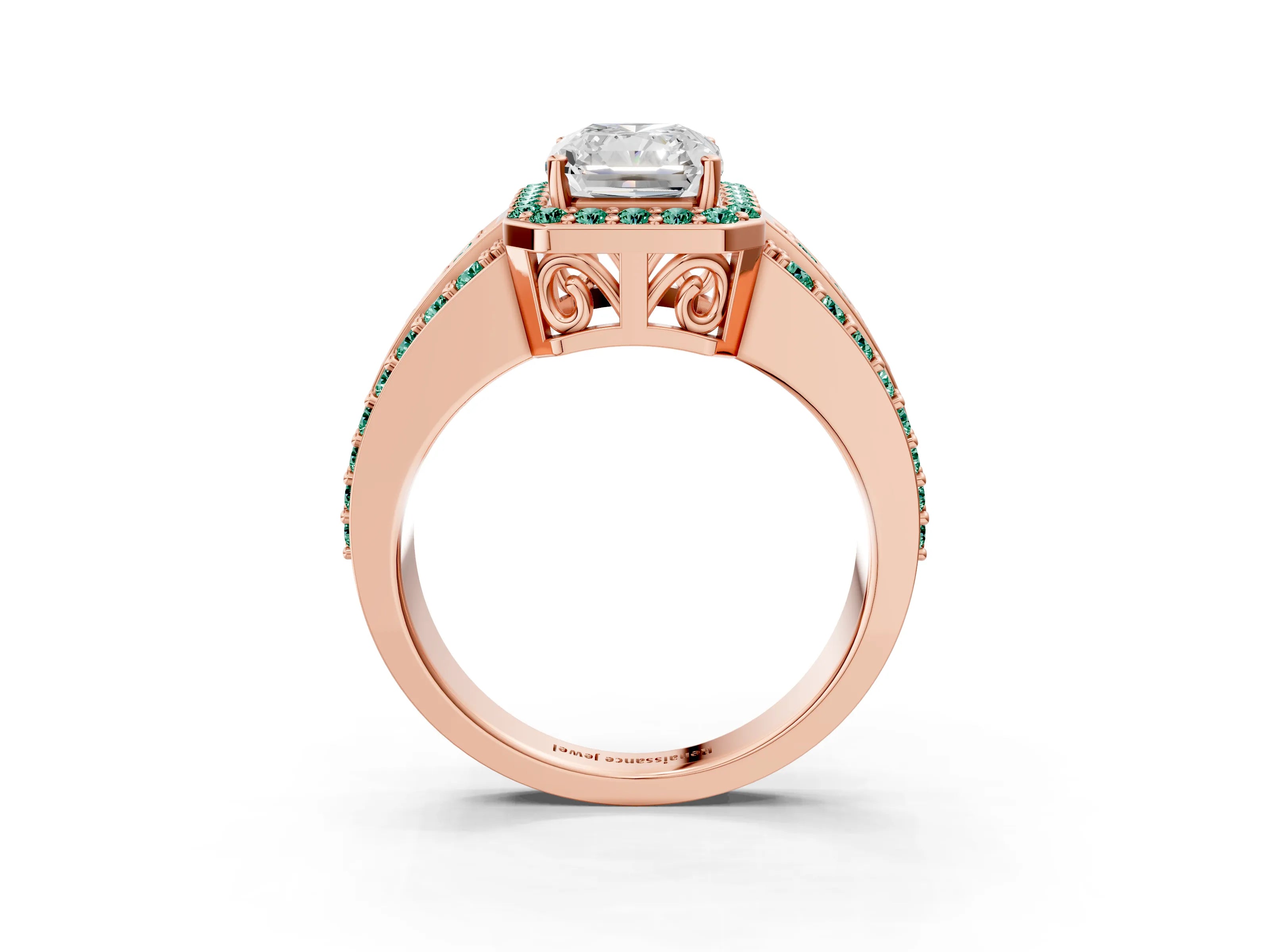 Rose gold Radiant Cut Halo Diamond Ring with Round with Green Sapphire side stone Split Shank and Prong Setting_3