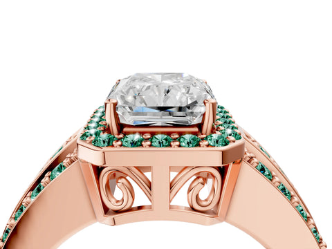 Rose gold Radiant Cut Halo Diamond Ring with Round with Green Sapphire side stone Split Shank and Prong Setting_4